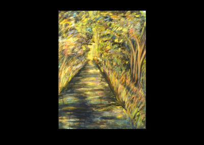 Bright painting of a forest walkway